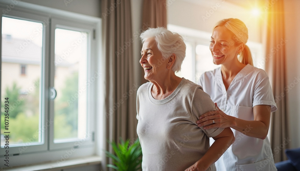 A caregiver gently assists a smiling woman with Alzheimer's in a sunlit living room during a warm afternoon A caregiver gently assists a smiling woman with Alzheimer's in a sunlit living room during a warm afternoon