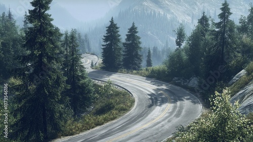 A winding mountain road through a dense evergreen forest on a misty day.