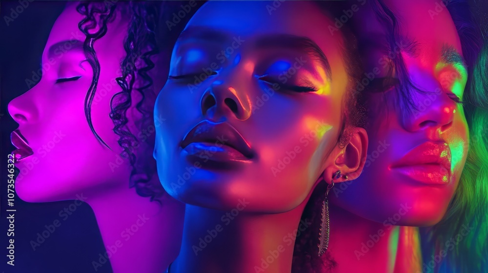 A vibrant, artistic portrait of three women with glowing skin tones. A vibrant, artistic portrait of three women with glowing skin tones.