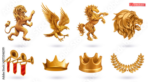 Heraldry elements 3d cartoon vector set. Golden lion, eagle, horse, fanfare, crown, laurel wreath