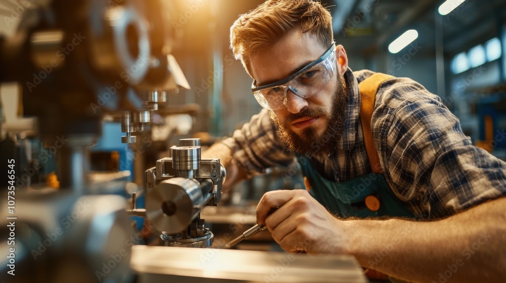 Skilled Operator Inspecting a Finished Metal Part in a Workshop Environment with Focus on Precision and Craftsmanship Skilled Operator Inspecting a Finished Metal Part in a Workshop Environment with Focus on Precision and Craftsmanship