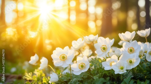 Bright sunlight illuminating white flowers in a forest setting.
