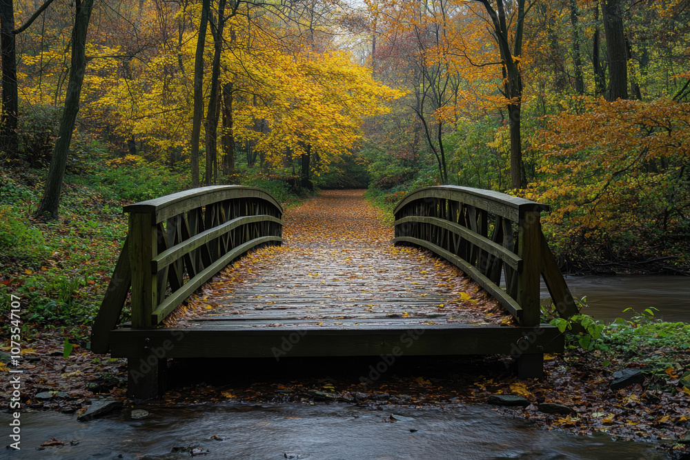 Wooden bridge in a serene forest setting with vibrant autumn leaves, showcasing the beauty of nature in fall. Yellow and orange foliage creates a peaceful atmosphere. Wooden bridge in a serene forest setting with vibrant autumn leaves, showcasing the beauty of nature in fall. Yellow and orange foliage creates a peaceful atmosphere.
