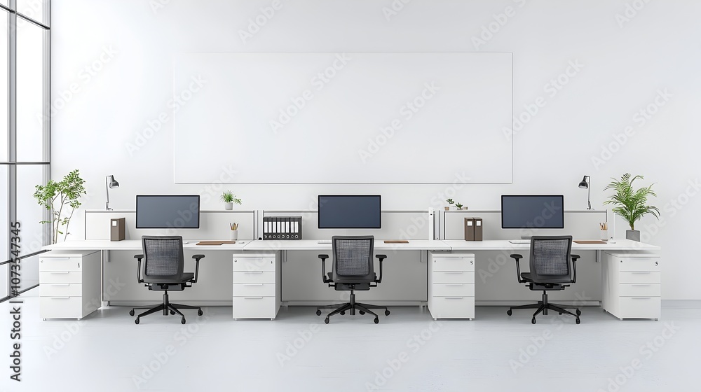 Sleek and Sophisticated Modern White Tone Office Layout with Desks Computers and Blank Wall Perfect for Product Mockup or Branding Template Sleek and Sophisticated Modern White Tone Office Layout with Desks Computers and Blank Wall Perfect for Product Mockup or Branding Template