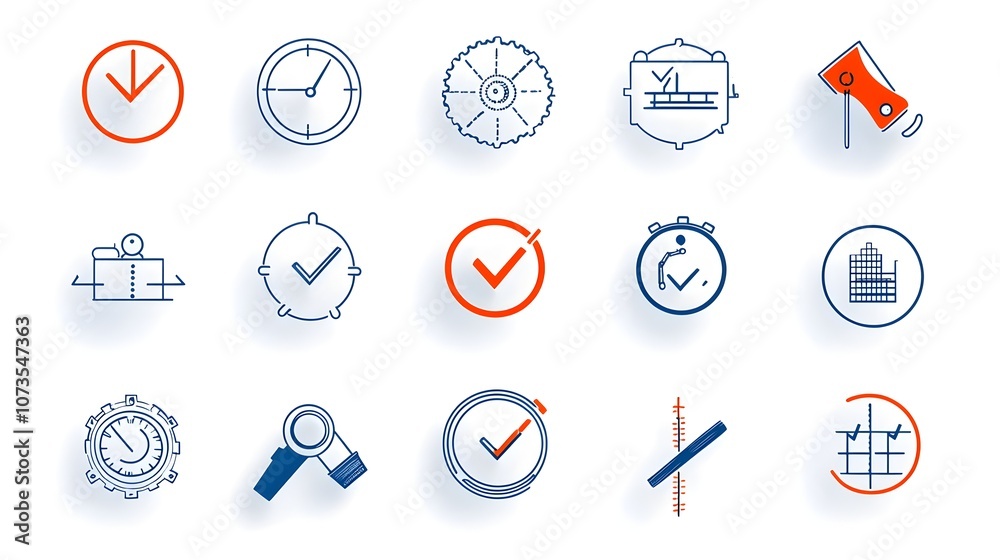 Clean line art style check icon set with symbols for assurance production and inspection processes on a white background Ideal for web mobile and industrial design applications Clean line art style check icon set with symbols for assurance production and inspection processes on a white background Ideal for web mobile and industrial design applications