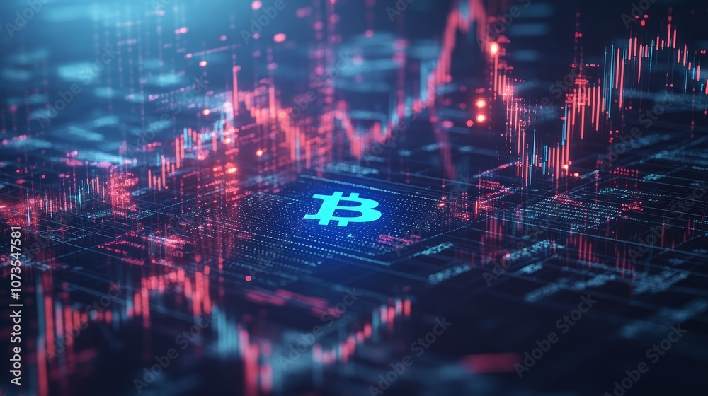 Naklejka premium A digital rendering of a bitcoin symbol on a circuit board with a rising stock chart in the background.