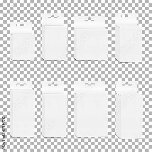 White blank paperboard box with tuck-in flap lid, header tab and euro slot hanger. Realistic 3d vector mock-up set. Cardboard container with die cut hanging hole. Mockup kit. Template for design