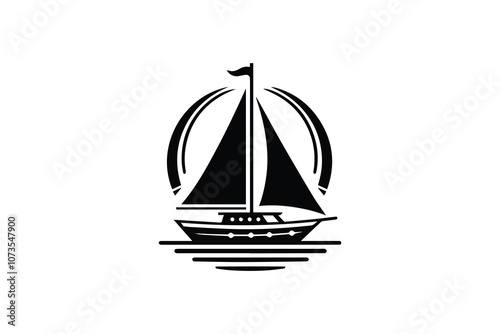 Sail boat Logo, Pirate Ship, sailing ship under the black flag, logo design template, sailboat or frigate icon. yacht. Silhouette.