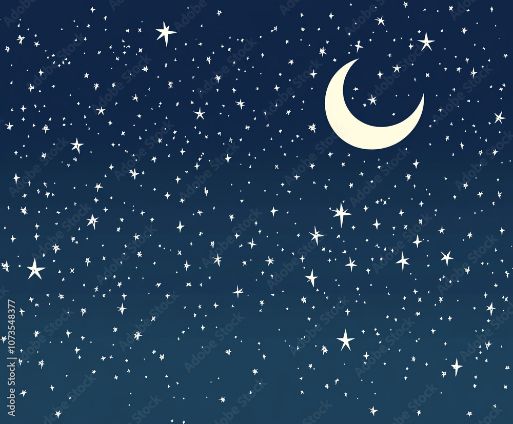 A blue background with a white crescent and many stars. The stars are scattered and hanging all over the background A blue background with a white crescent and many stars. The stars are scattered and hanging all over the background