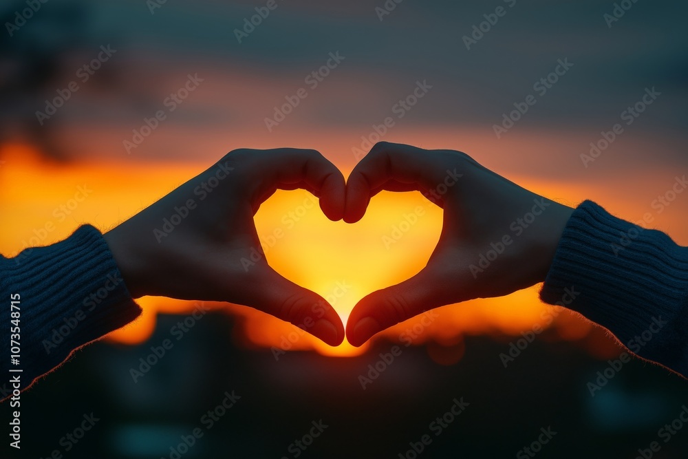 A close-up of a couple's hands forming a heart shape against a vibrant orange sunset sky, symbolizing love and connection in a serene, romantic moment A close-up of a couple's hands forming a heart shape against a vibrant orange sunset sky, symbolizing love and connection in a serene, romantic moment