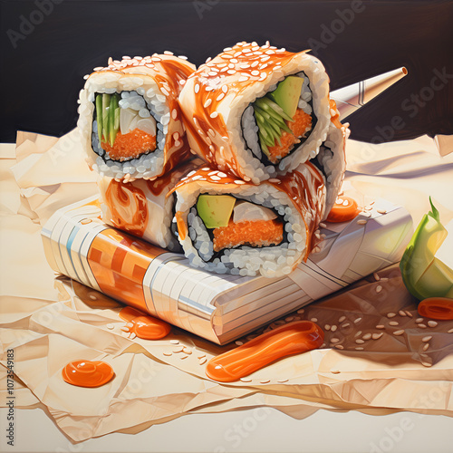 Drawing of delicious and delicious Korean food kimbap. Generative AI