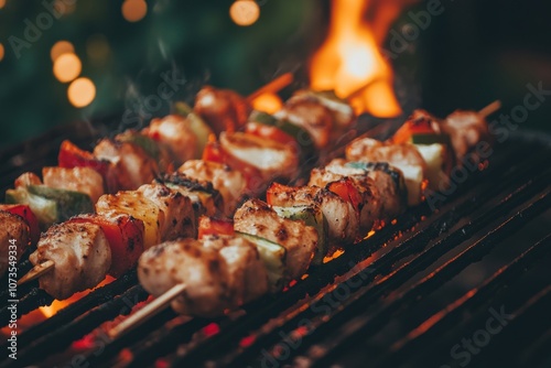 Chicken kebabs being basted with marinade as they grill
