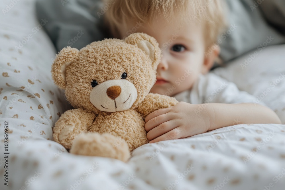 Toddler Snuggling with Teddy Bear in Bed Toddler Snuggling with Teddy Bear in Bed