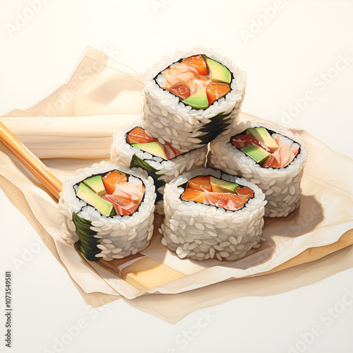 beautiful wood color art painting Sushi drawing. Generative AI