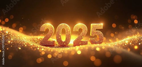 Stylish golden 2025 new year greeting on a shimmering surface with sparkling bokeh for festive celebrations