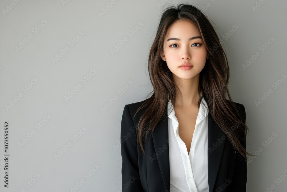 Elegant Chinese businesswoman in business suit posing confidently Elegant Chinese businesswoman in business suit posing confidently