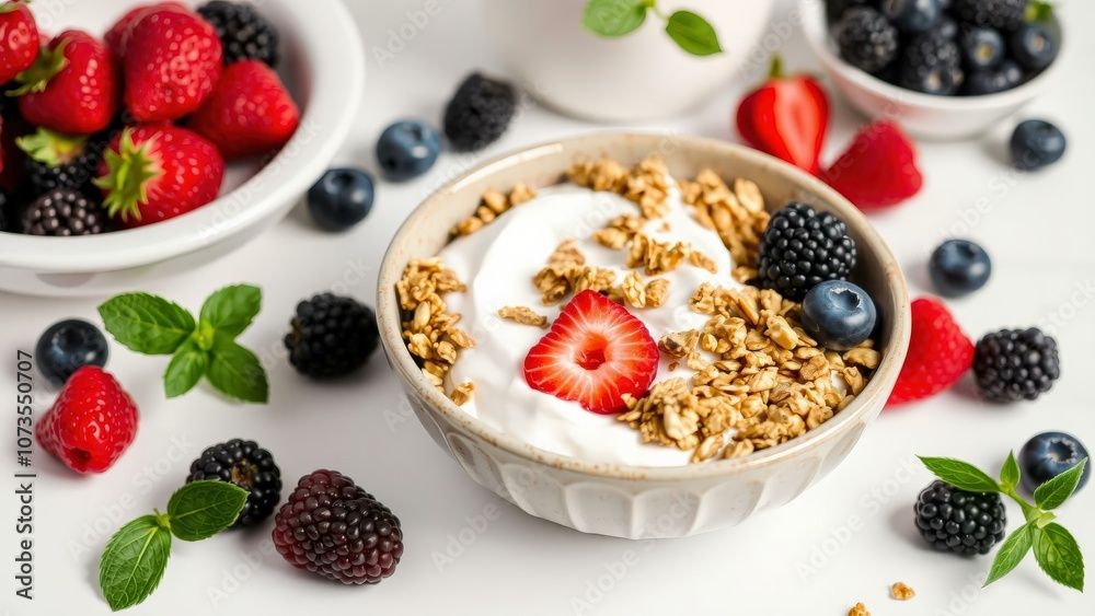 Start Your Day Right with a Delicious and Nutritious Yogurt Parfait Topped with Fresh Berries and Crunchy Granola Start Your Day Right with a Delicious and Nutritious Yogurt Parfait Topped with Fresh Berries and Crunchy Granola