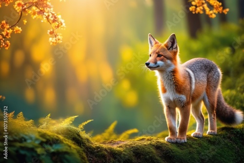 Little fox in nature in backlight. Fox on the outskirts of the forest.