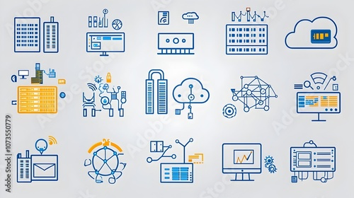 Collection of web hosting icons in line style with symbols for data exchange server and cloud computing technology on white background Flat graphic design for website app interface