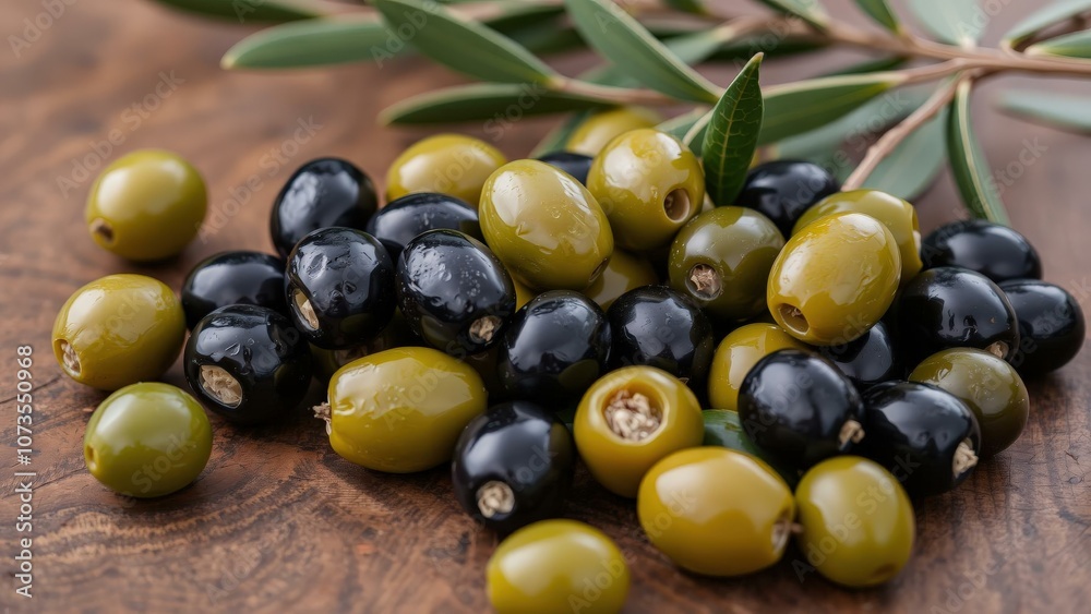 Fresh Green and Black Olives on Rustic Wooden Background, Perfect for Cooking, Snacking, or Decorating Gourmet Dishes Fresh Green and Black Olives on Rustic Wooden Background, Perfect for Cooking, Snacking, or Decorating Gourmet Dishes