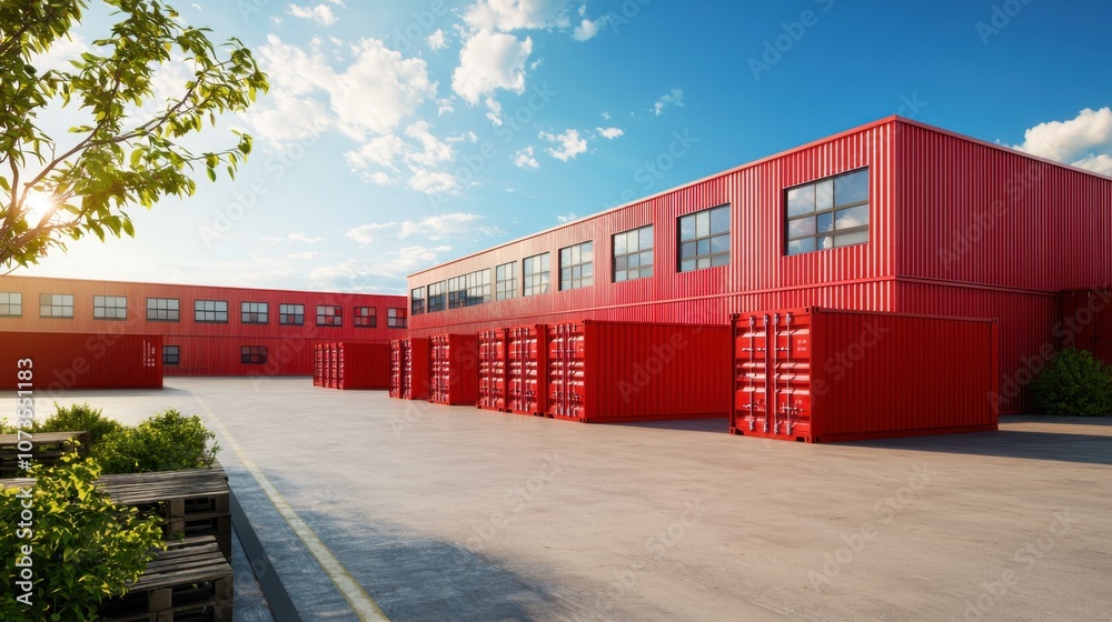 Obraz premium Modern industrial warehouse with bright red shipping containers and clear blue sky under sunlight, perfect backdrop for logistics, storage, and urban development themes