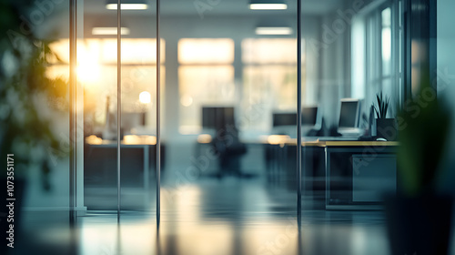 Beautiful inconspicuous office interior room. Blurry workspace with unfocused effect
