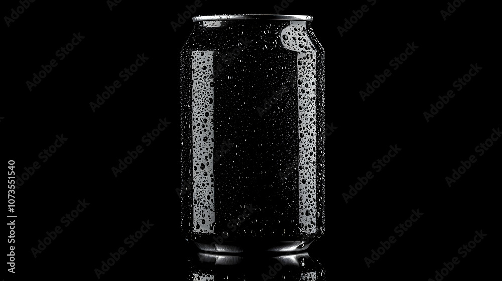A single black aluminum can with condensation on a black background. A single black aluminum can with condensation on a black background.