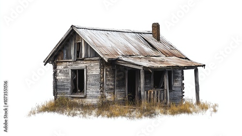 Abandoned wooden house on a white isolated background.