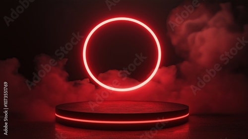 3D rendered podium on a red background with smoke and an illuminated ring on a dark background
