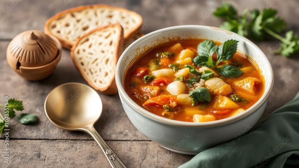 Warm Up with a Delicious Bowl of Hearty Vegetable Soup and Crispy Bread - Perfect for a Cozy Meal at Home Warm Up with a Delicious Bowl of Hearty Vegetable Soup and Crispy Bread - Perfect for a Cozy Meal at Home