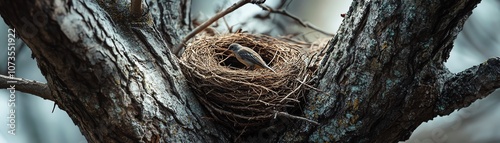 Bird's nest nestled in a tree branch, displaying natural textures and earthy tones.