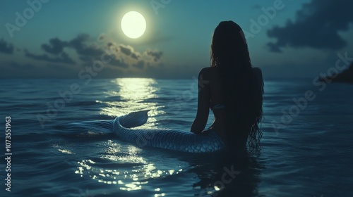 Serene mermaid gazing at the moonlit ocean
