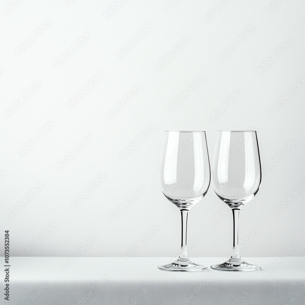Two elegant wine glasses on a white table against a white background. Two elegant wine glasses on a white table against a white background.