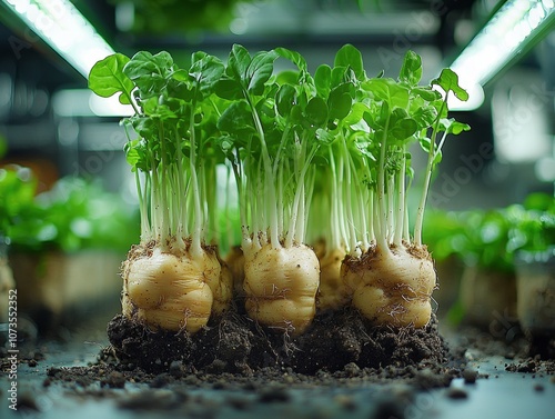 close up view reveals pulse plants visible root nodules fertile soil. These roots contribute nitrogen fixation benefiting nearby crops and showcasing environmental advantages. photo