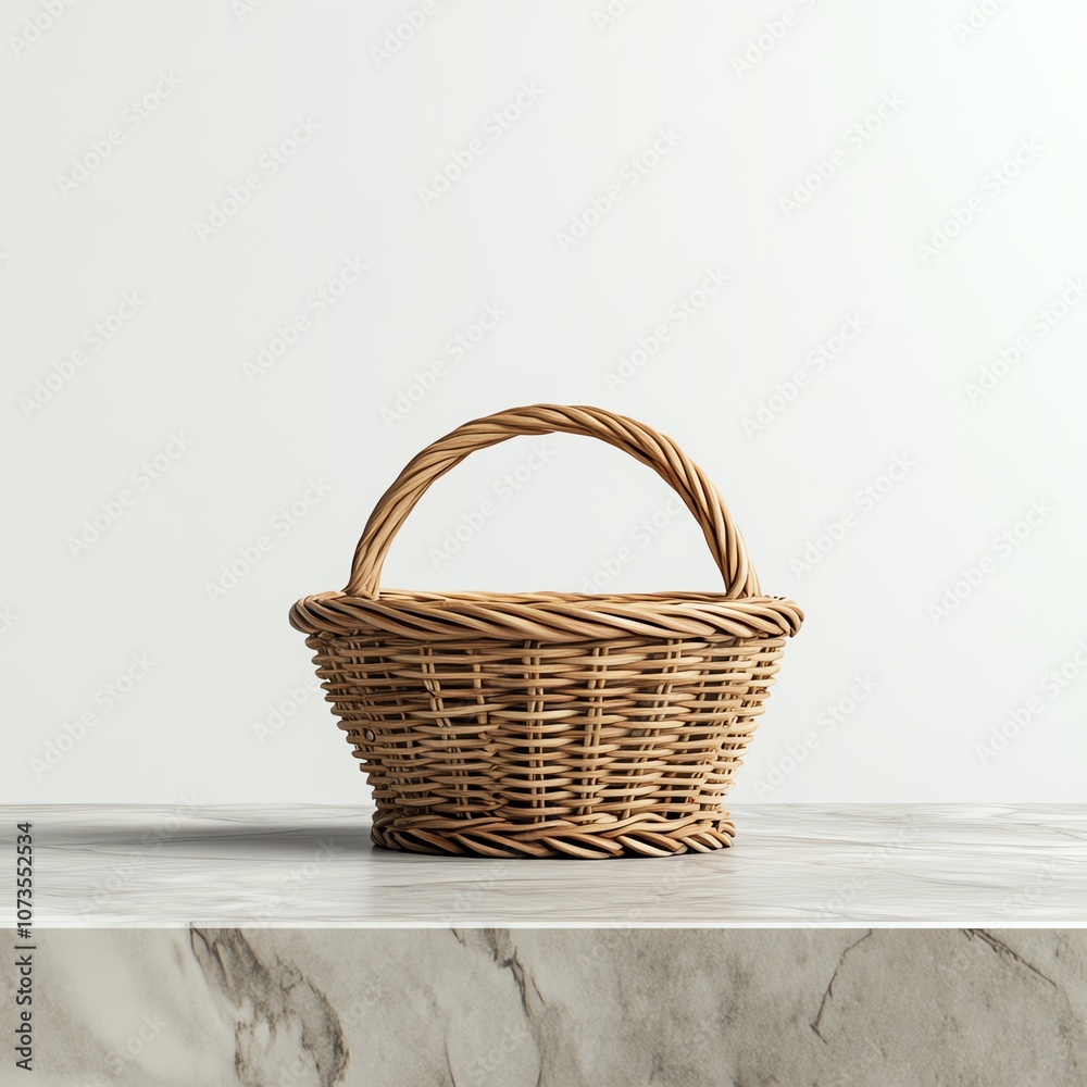 Wicker basket on a marble surface with a white isolated background. Wicker basket on a marble surface with a white isolated background.