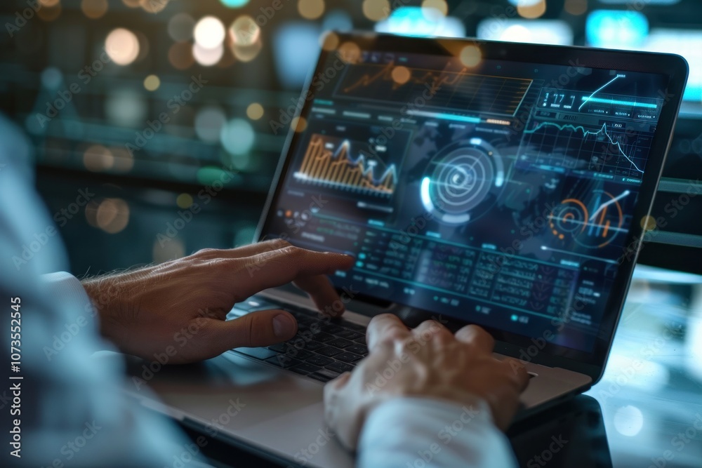 Person using laptop with data analysis dashboard on screen. Business technology and stock market concept. Person using laptop with data analysis dashboard on screen. Business technology and stock market concept.