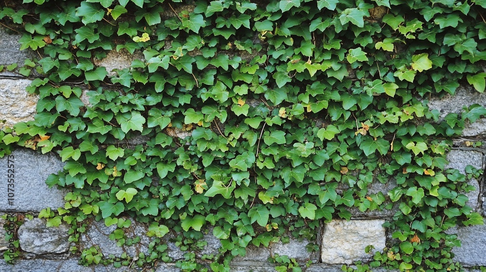 A stone wall completely covered in green ivy vines. A stone wall completely covered in green ivy vines.