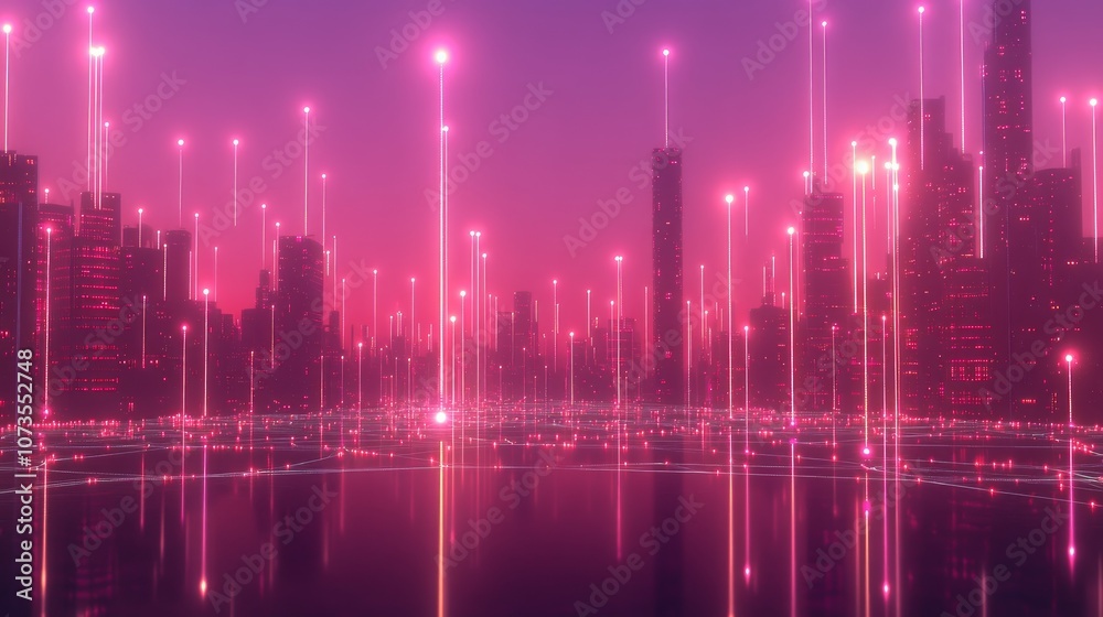 A futuristic cityscape with glowing lights and a digital network. A futuristic cityscape with glowing lights and a digital network.