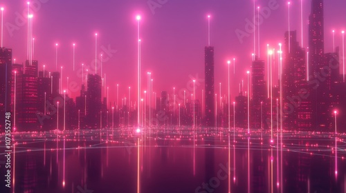 A futuristic cityscape with glowing lights and a digital network.