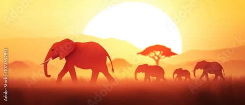 A serene sunset silhouette of elephants walking in a savannah.