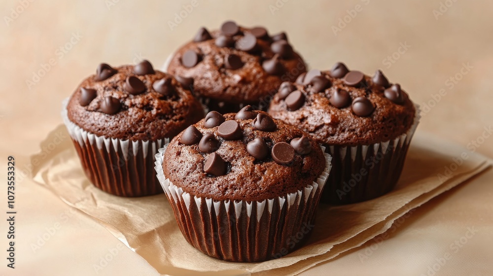 Delicious chocolate chip muffins on a rustic backdrop Delicious chocolate chip muffins on a rustic backdrop