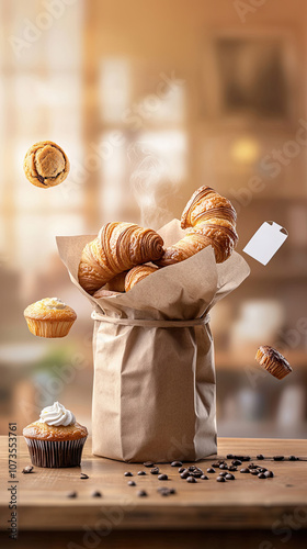 Frische Backwaren in Papiertüte mit schwebenden Preisschildern und Gebäck in einer Bäckereiszene mit gemütlichem Ambiente