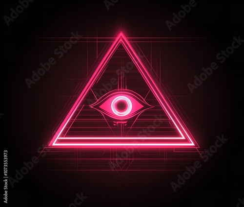 A Neon-Glowing Pyramid with an All-Seeing Eye on a Black Background

 photo