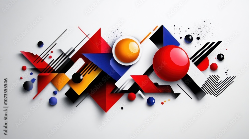Obraz premium Abstract Geometric Composition with Bold Colors and Shapes, Featuring Circles, Triangles, and Lines in a Dynamic Arrangement on a Light Background