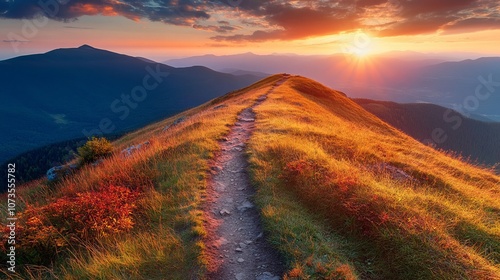 Mountain trail leading along the mountain ridge of beautiful mountains with autumn grass and colorful sky  photo