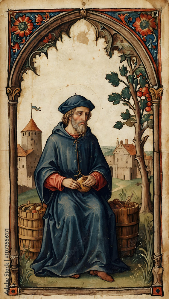 Naklejka premium Medieval figure sitting with fruits in hands surrounded by a picturesque landscape 