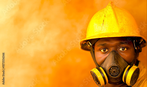 Worker in Safety Gear Against Orange Background photo