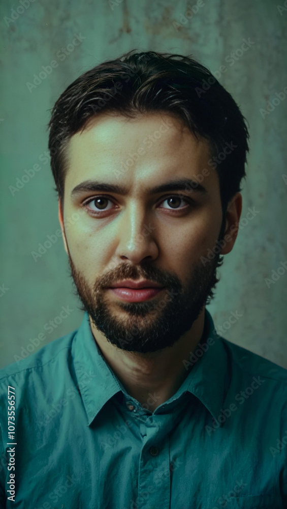 Fototapeta premium Serious young man with beard in a teal shirt posing against a textured wall background