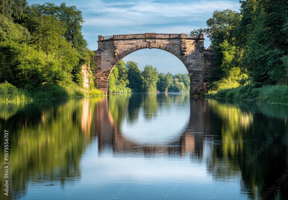 Fototapeta premium Stone Arch Bridge Reflection in Calm Water