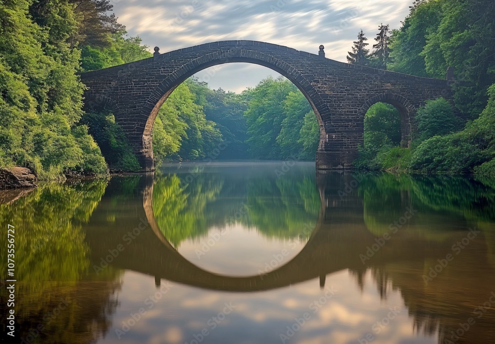 Fototapeta premium Ancient Stone Bridge Reflection in Calm Waters